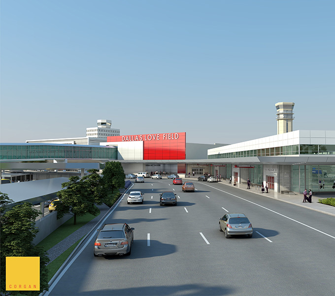 Image of several cars approaching the Dallas Love Field Airport.