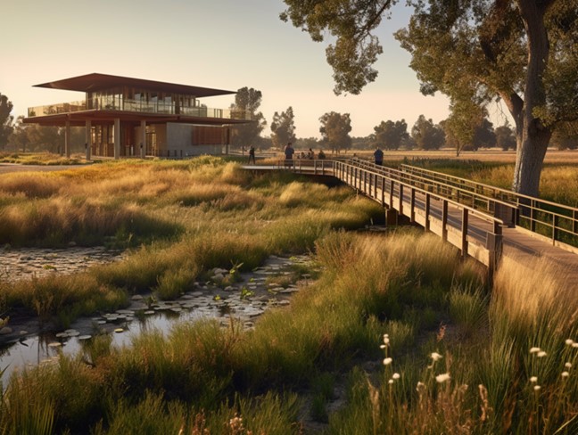 Digitally generated image of a native grassland park and trail