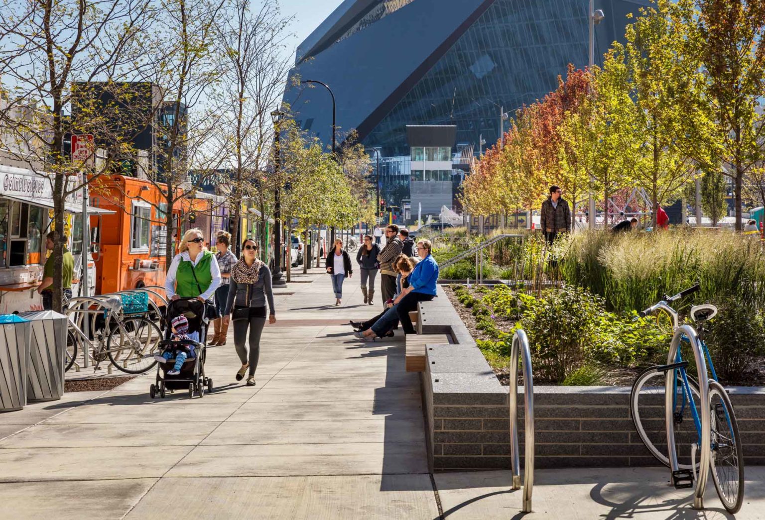 People walking around downtown commons in Minneapolis