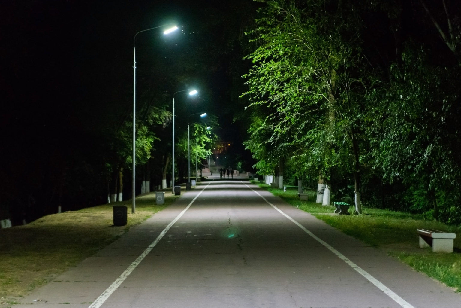 A group of 4 people walking on a dimly lit trail