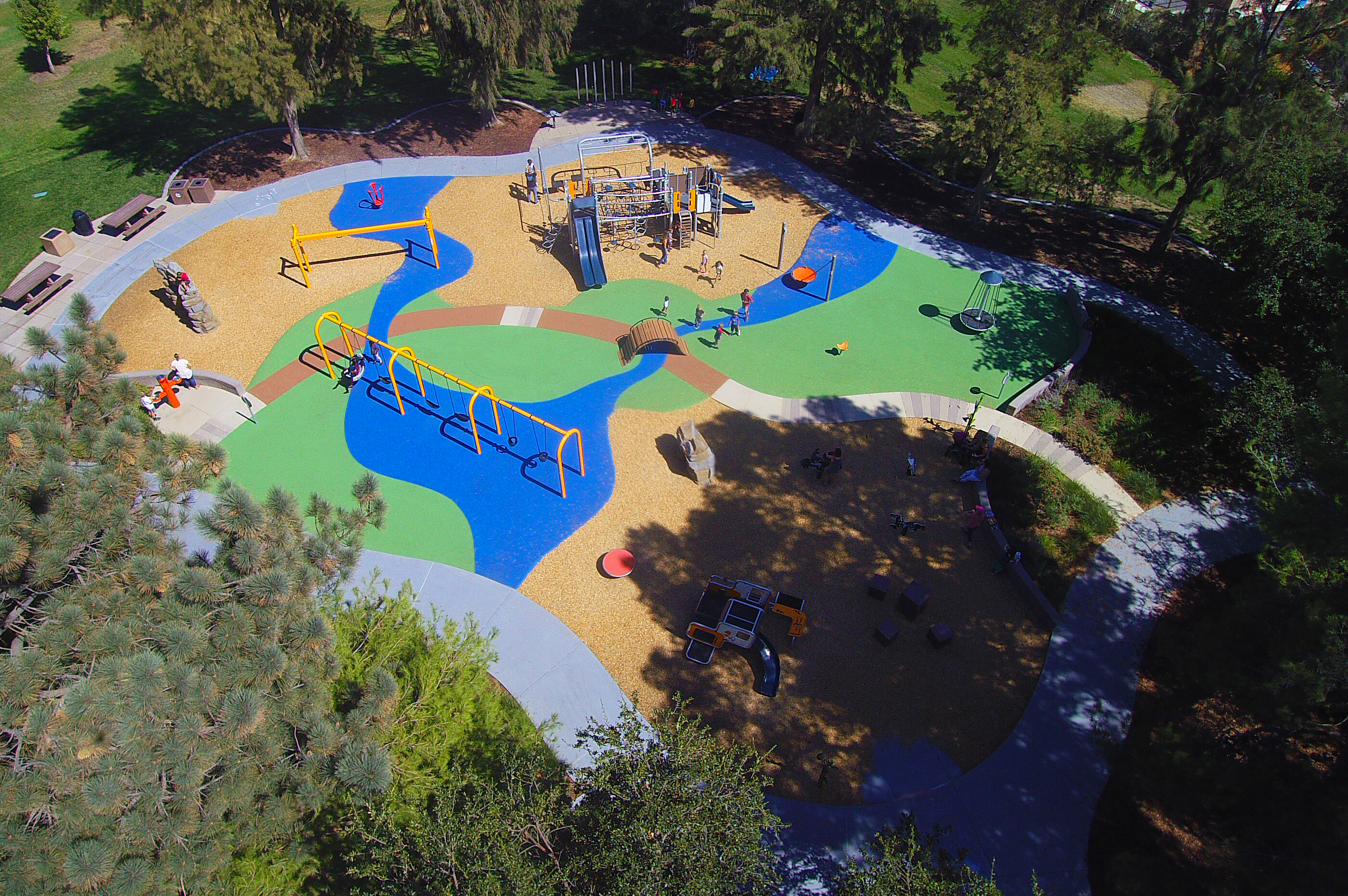 Aerial view of a park and playground